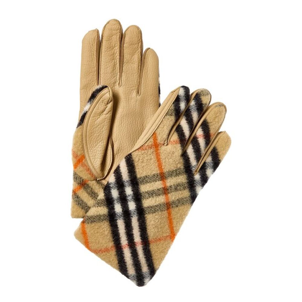Burberry Check Wool & Leather Gloves, Beige